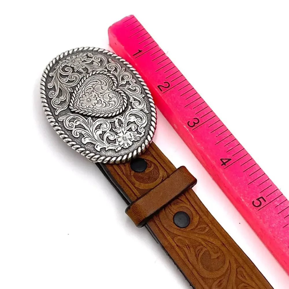 JUSTIN Western kids brown leather belt heart details on metal buckle size XS